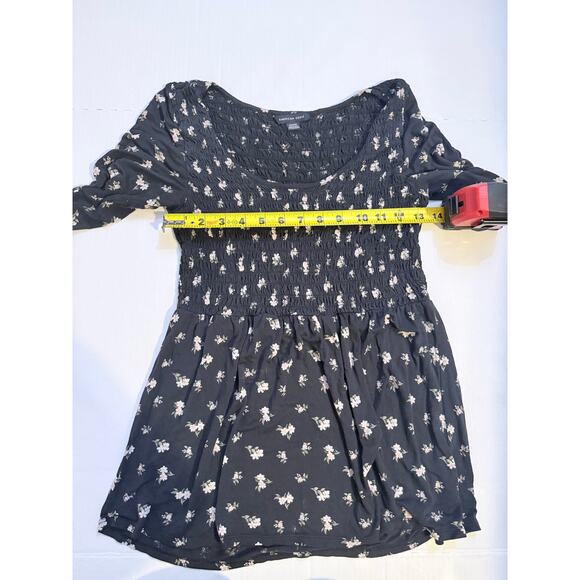 Womens American Eagle Fitted Long Sleeve Medium Boho Shirt Black Floral - Picture 4 of 5